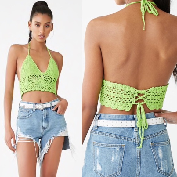 F21 Lime Green Crochet Cropped Cami Halter Top - Picture 2 of 5
